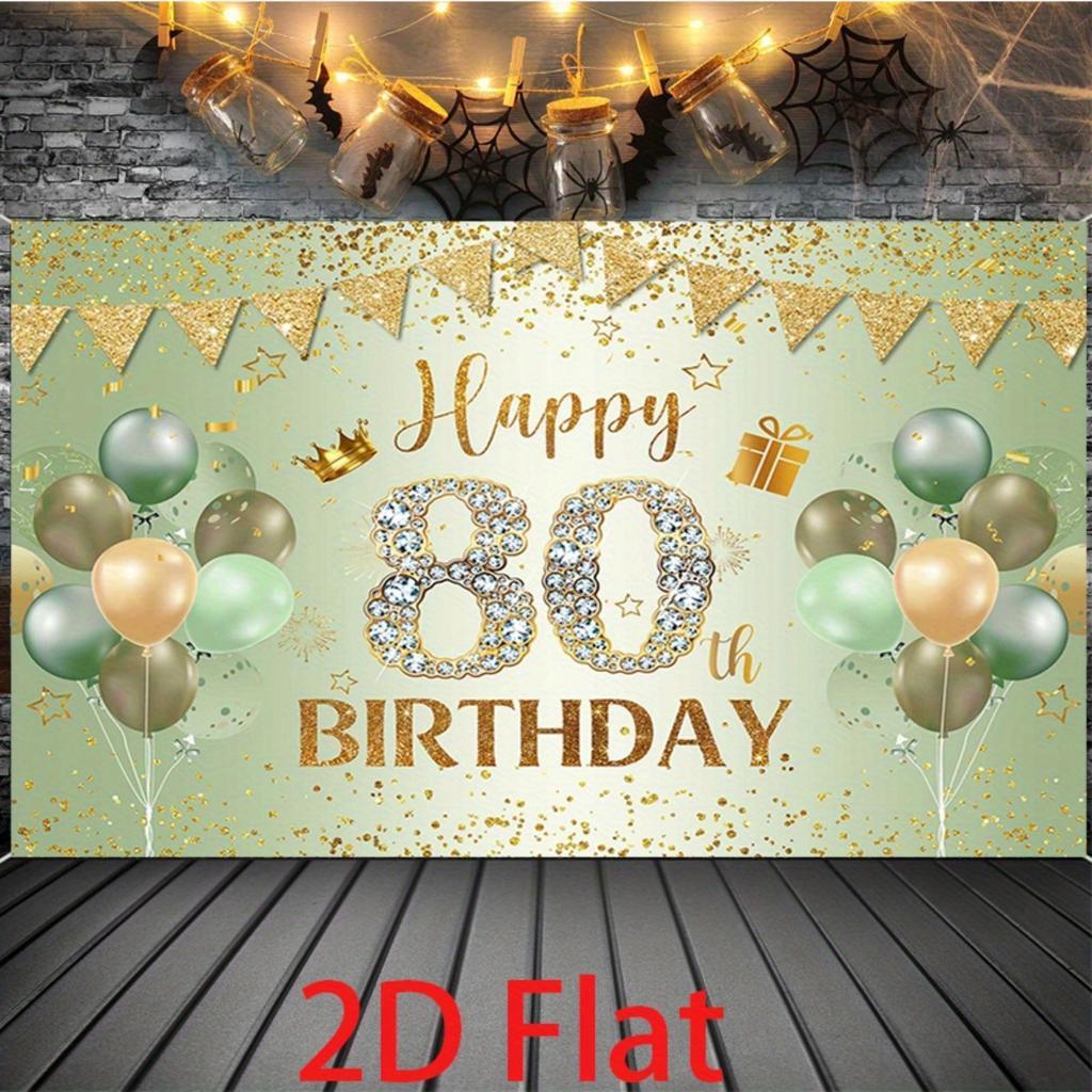 1 Happy 80th birthday background - Scottish green and gold glitter balloons, crown and gift design, polyester 2D decoration