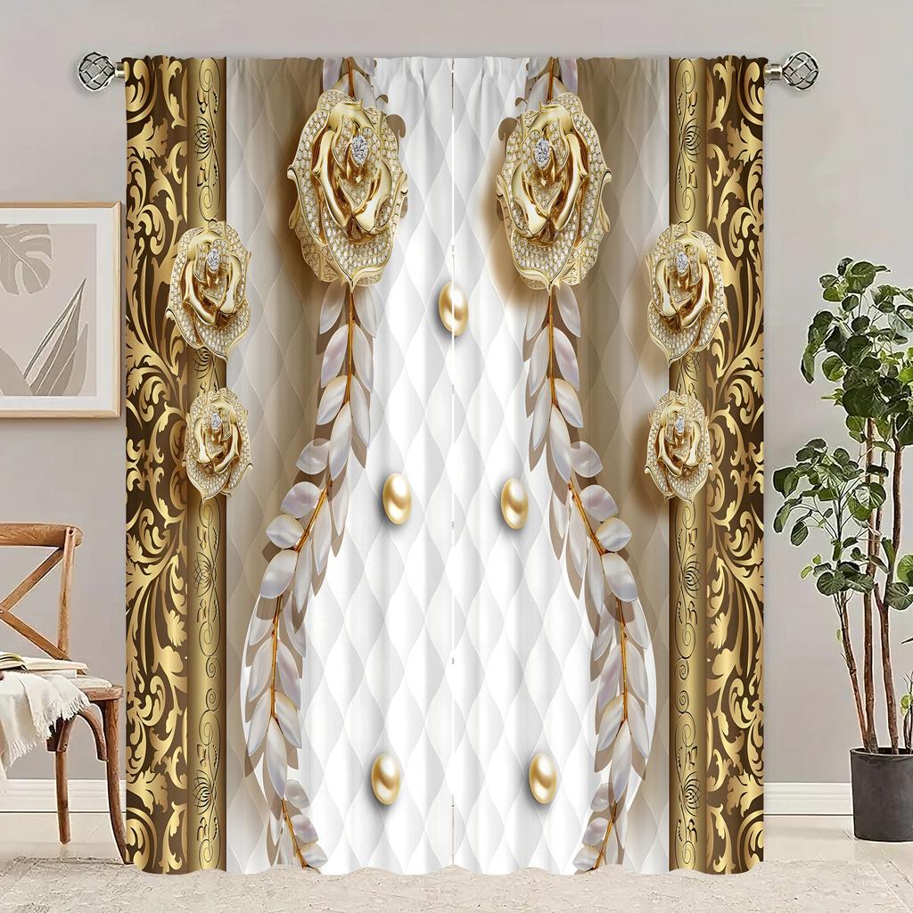 Two pieces pieces of Classic Vintage gold Diamond Roses printing curtain - polyester material - suitable for bedroom living room study room anti