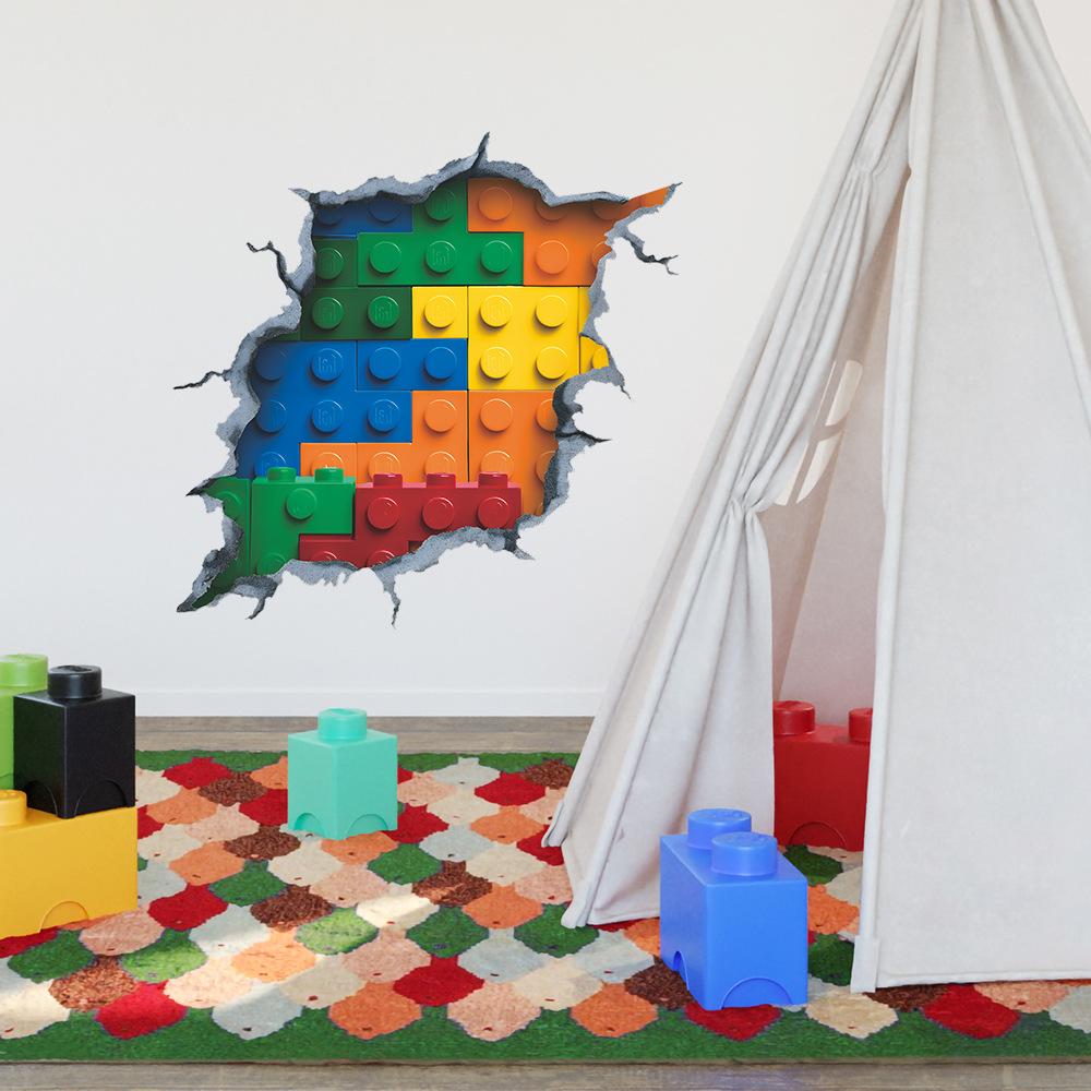 Self-adhesive 3D Wall Stickers Colorful Building Blocks Breaking Through Wall for Kids Room Playroom Home Decor