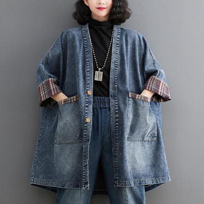 Dimanaf 2023 outono camisa jeans casaco blusa casual camisa de manga longa camisa feminina xadrez solto azul retalhos vintage com decote em v ladys topos