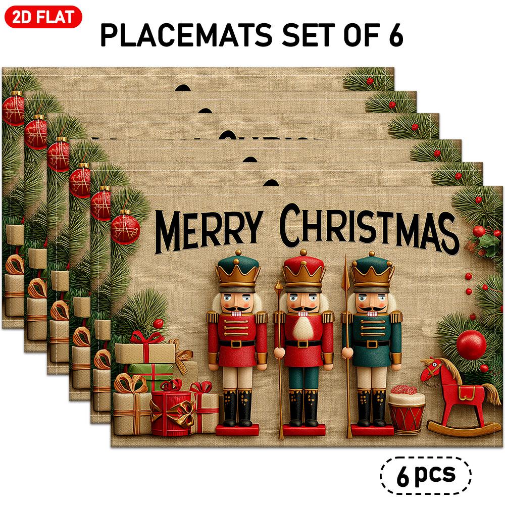 4/ 6pcs, Christmas-Themed Placemats with Nutcrackers, Gift Boxes, Pine Branches And "Merry Christmas" Lettering, Ideal for Holiday Dinner Table Decora