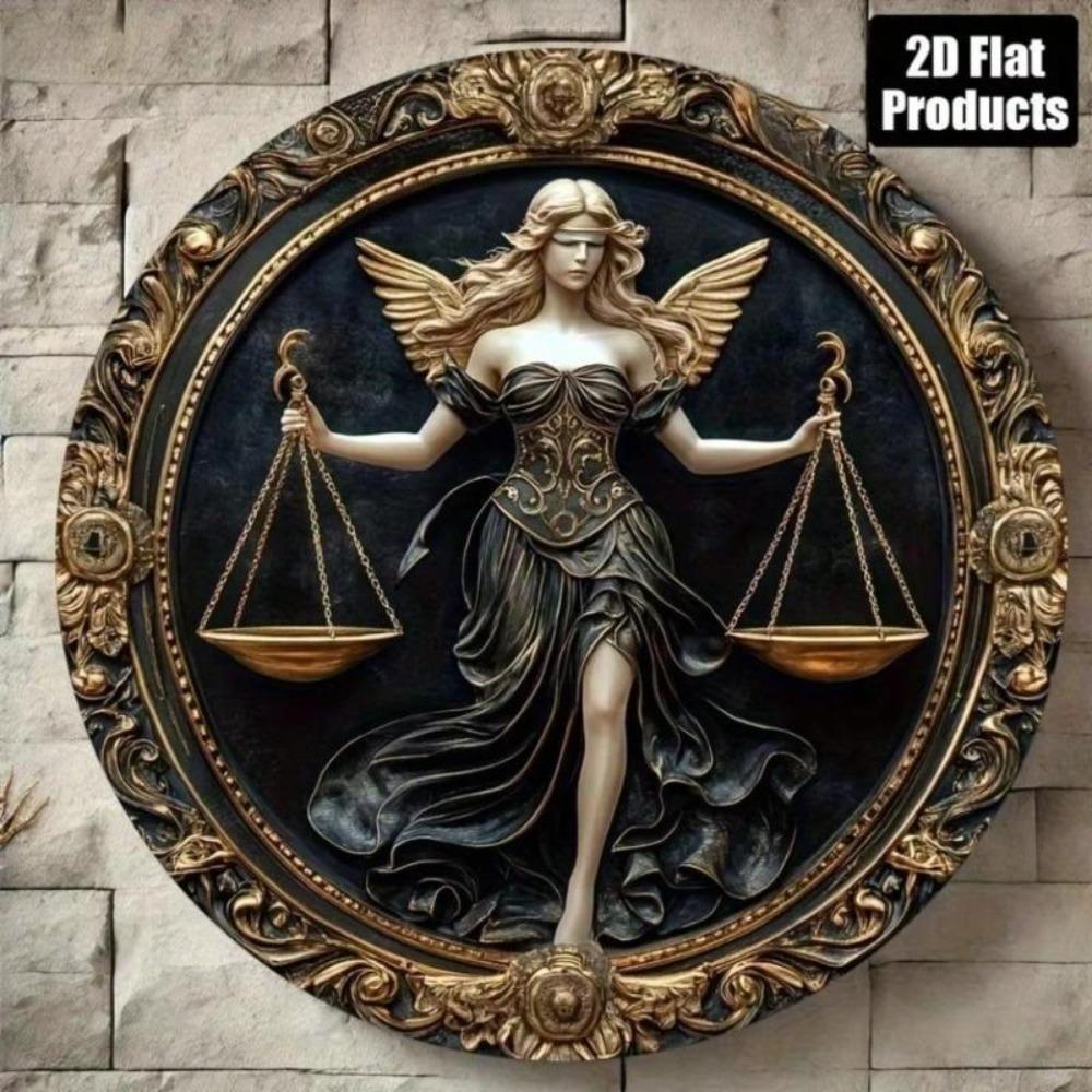 1pc Wall Art Lady Justice Scales Golden Accents Vintage Metal Painting Gift