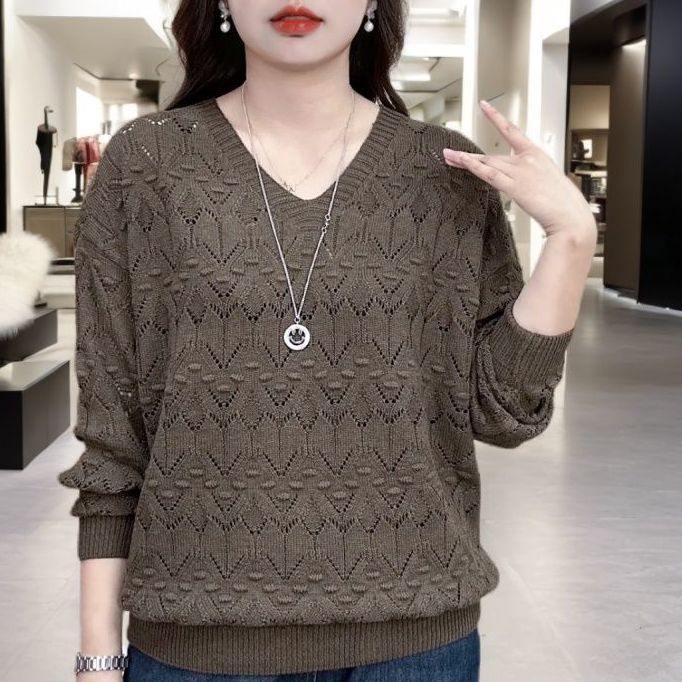 Long-sleeved Autumn Fashion Western-style V-neck Hollow Lightweight Temperament Blouse Sweater All-match
