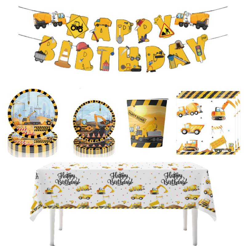 Construction Birthday Themed Party Decoration Supplies Tablecloth Cutlery Banner
