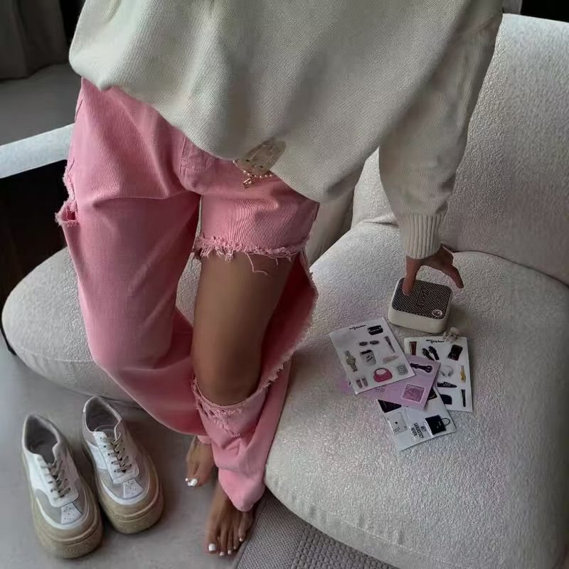 

Fashion Wind New Arrival Fashion Elegant Large Loose Hole Denim High Waisted Ripped Jeans Pink L