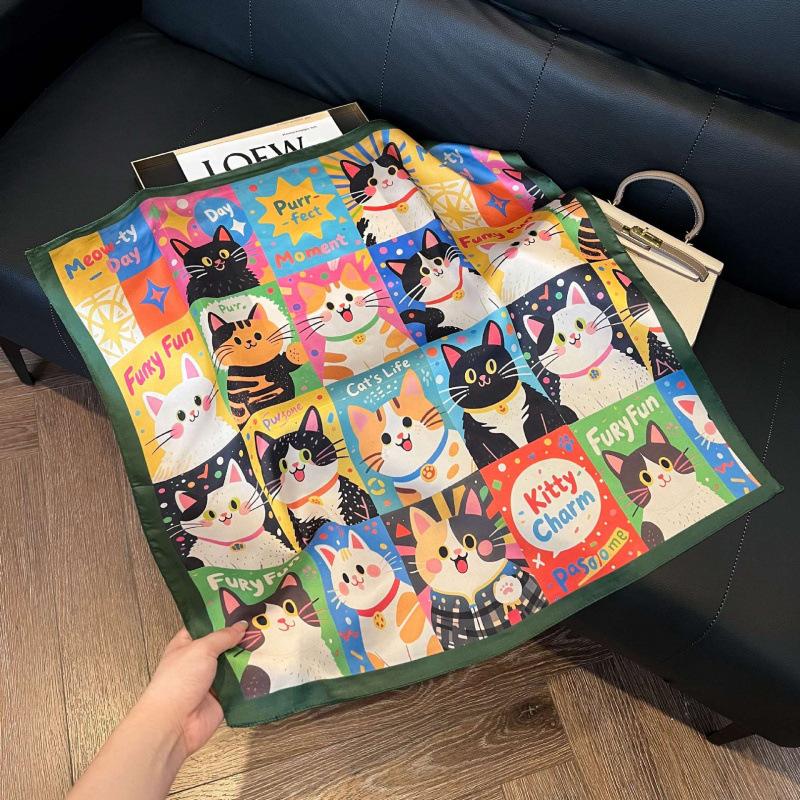 Fashion Black and White Printing Temperament Square Scarf Imitation Silk Korean Version Decorative Scarf Scarf Professional Decorative Shawl Silk Scar