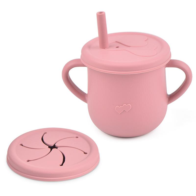 1 Tasse 2 Deckel Silikon Schnabeltassen Snackbecher Baby Trainingsbecher Lebensmittelqualität Silikon Auslaufsicherer Trinkhalmbecher Füttern Trinkgeschirr