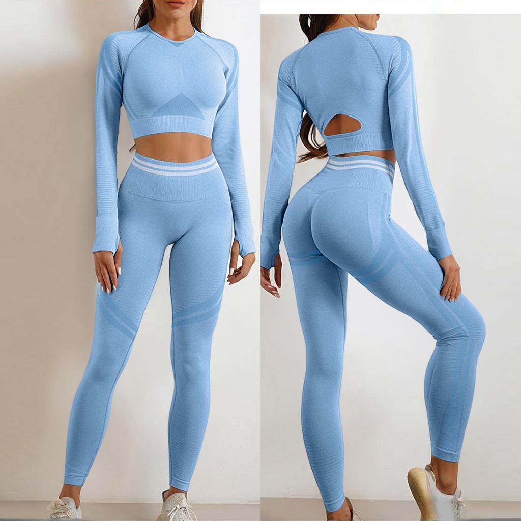 Women’s Seamless High Waist Leggings and Long Sleeve Crop Top Set Stretchy Workout Yoga Athletic Outfit