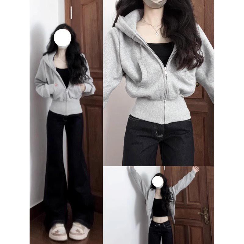 

Женская серая приталенная куртка с капюшоном - стройнящий миниатюрный стиль для весны и осени M (recommended 48-52 kg)