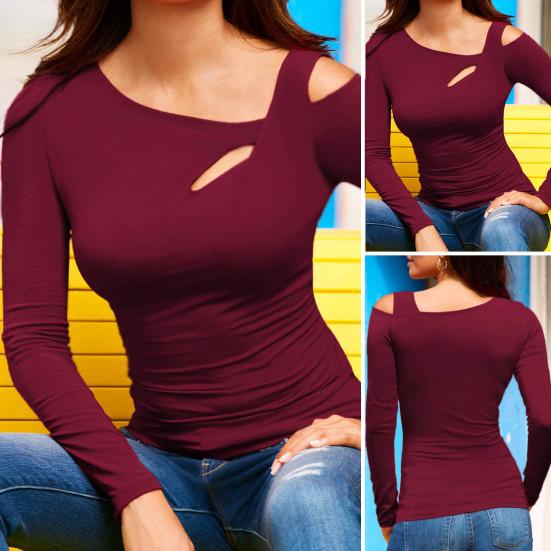 Dámské sexy topy Zkosená ramena Spodní díl Slim Fit Top Dutý design Šikmý límec Jednobarevný S dlouhým rukávem