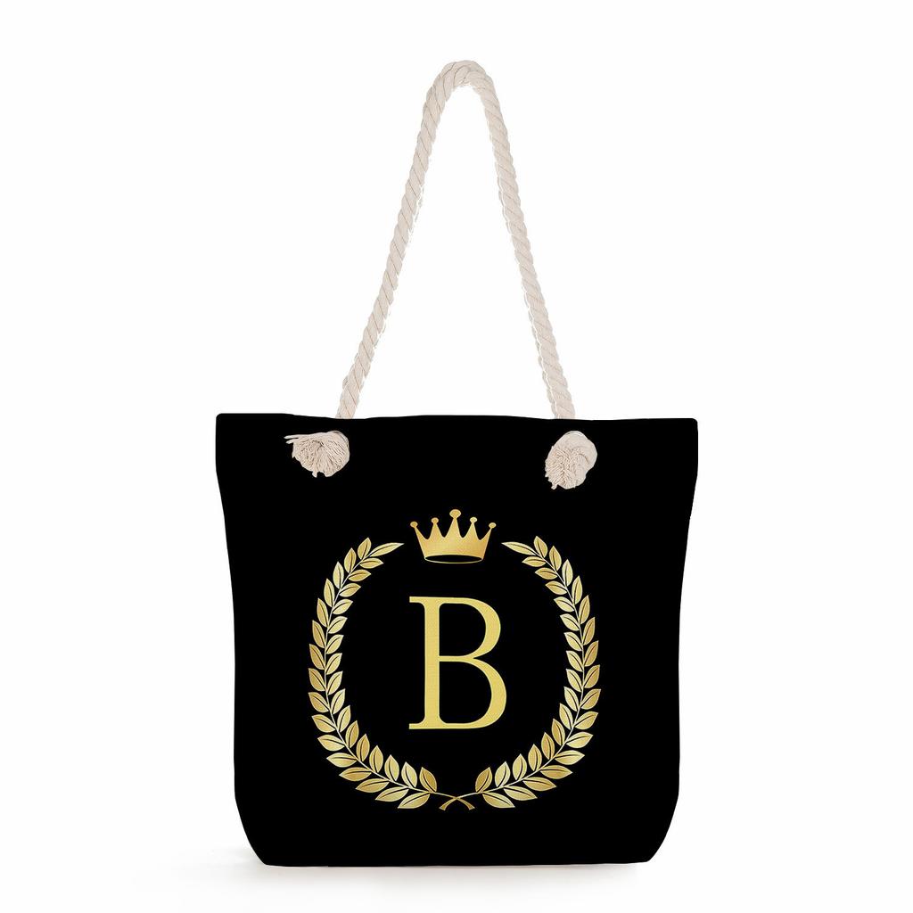 Black letters on a black background print thick rope single-shoulder beach bag 7289 CLE