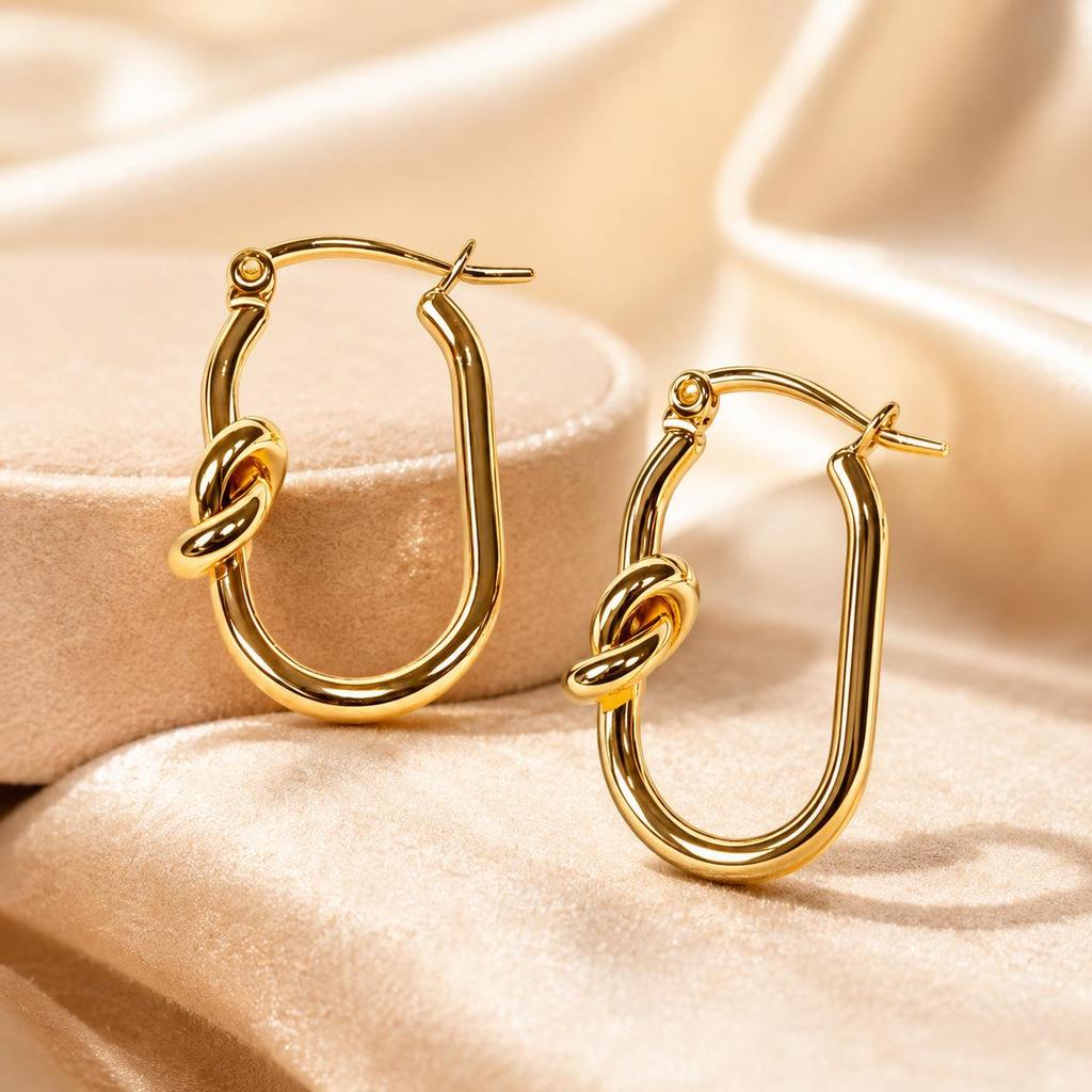 Gold Knotted Hoop Earrings - Light Luxury & Simple Style, Stainless Steel Plated Ear Studs