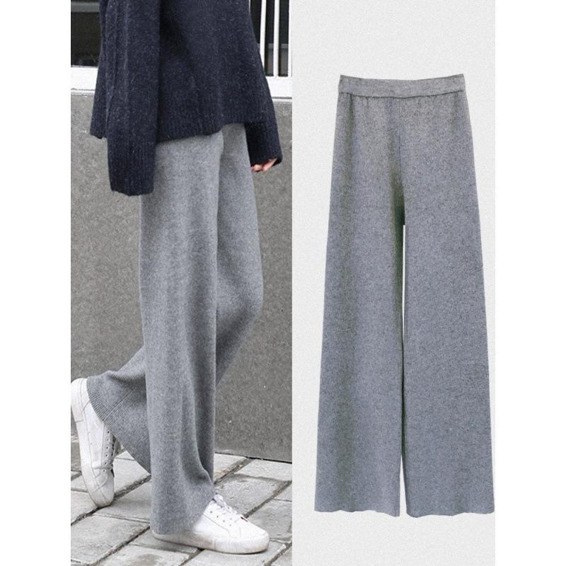 Pantalones largos rectos de cintura alta holgados de punto informales para otoño e invierno para mujer