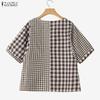 ZANZEA Women Casual Plaid Print Loose Half Sleeve Blouse