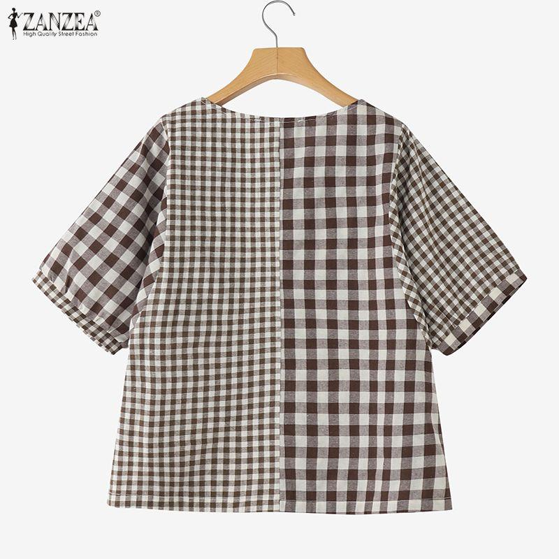 ZANZEA Women Casual Plaid Print Loose Half Sleeve Blouse