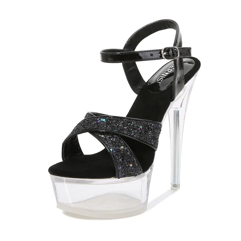 

Women s Sandals Summer Party Bling Buckle Strap Sequined Cloth 14CM Thin Clear Heels Platform Fashion Stiletto Shoes for Women 35 чорний