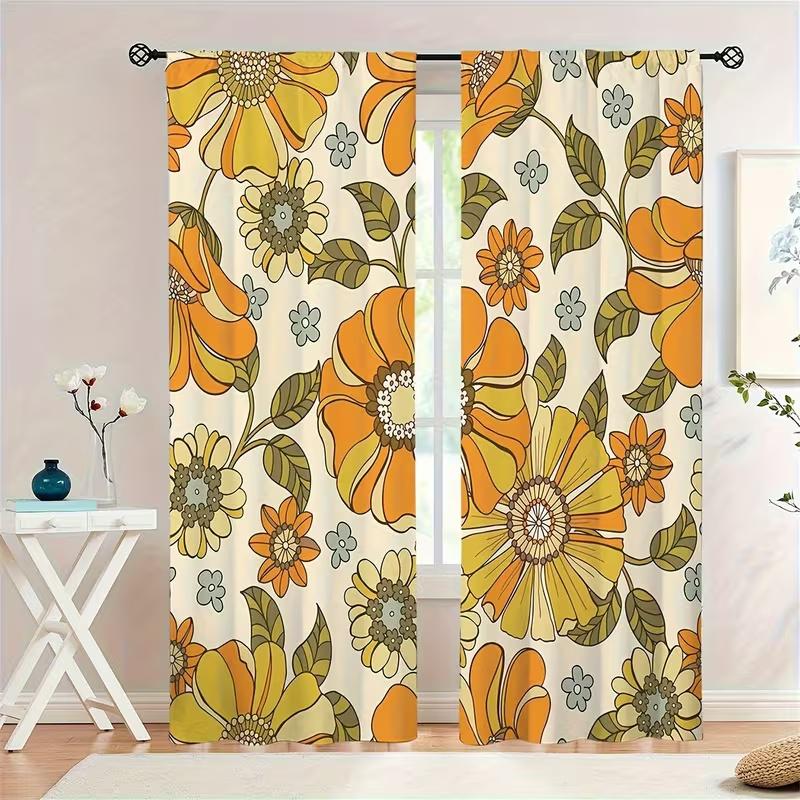 2 Pcs Yellow Flowers Print Curtains,suitable for Bedroom,living Room Kitchen Decoration,home Decoration,window Decoration