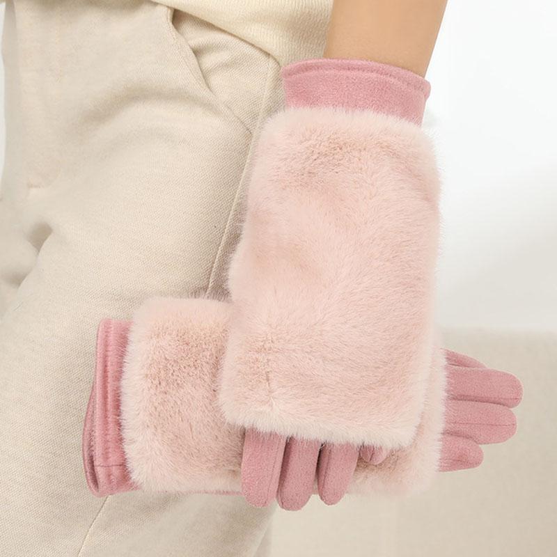 Conjunto Doble Moda Personalidad Ante Invierno Mantener Caliente Pantalla Táctil Guantes de Mujer Peludos Imitación Visón Terciopelo Guantes de Medio Dedo