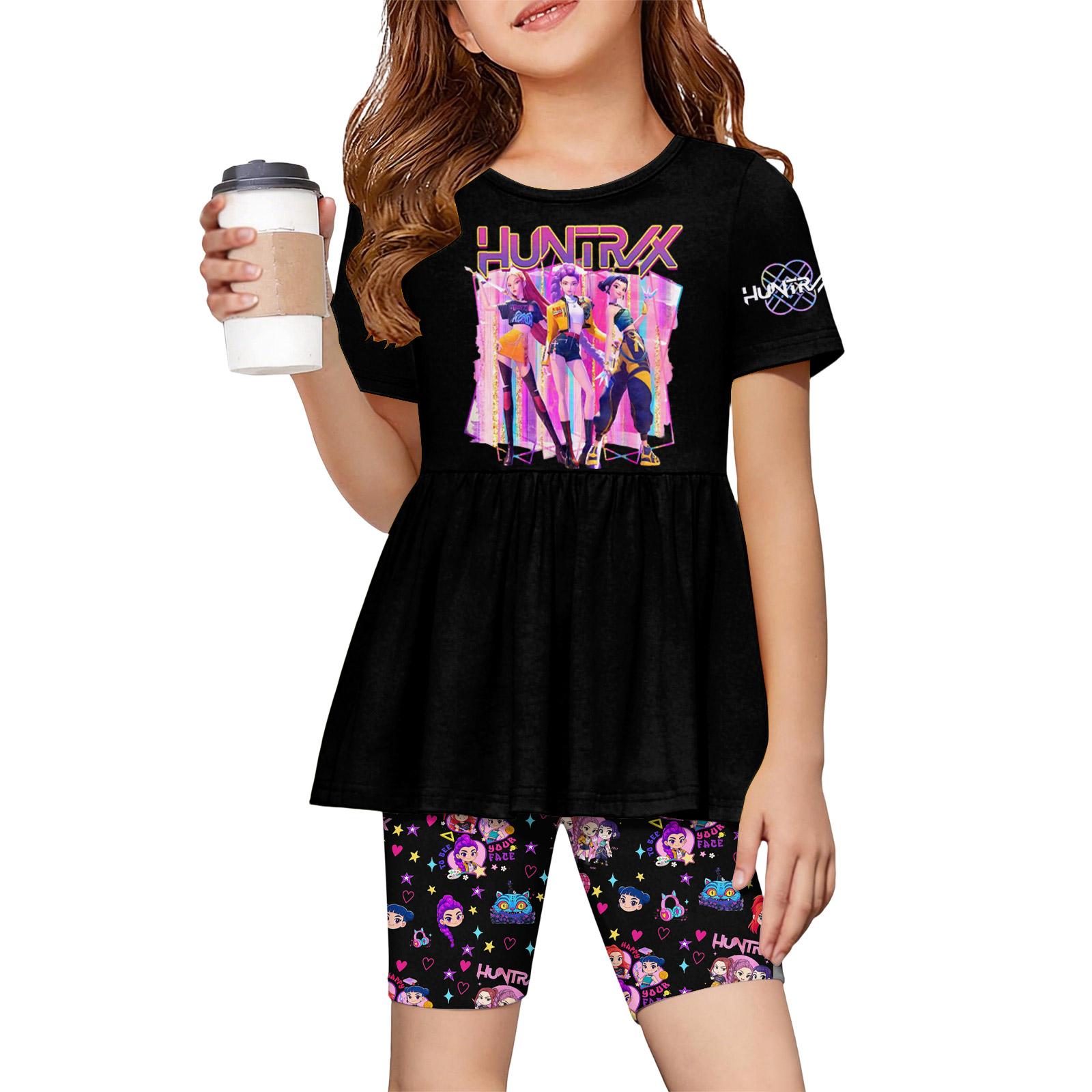

Fashionable Girls Summer Set Short Sleeved Ruffled Hem Top+Shorts 100 чёрный