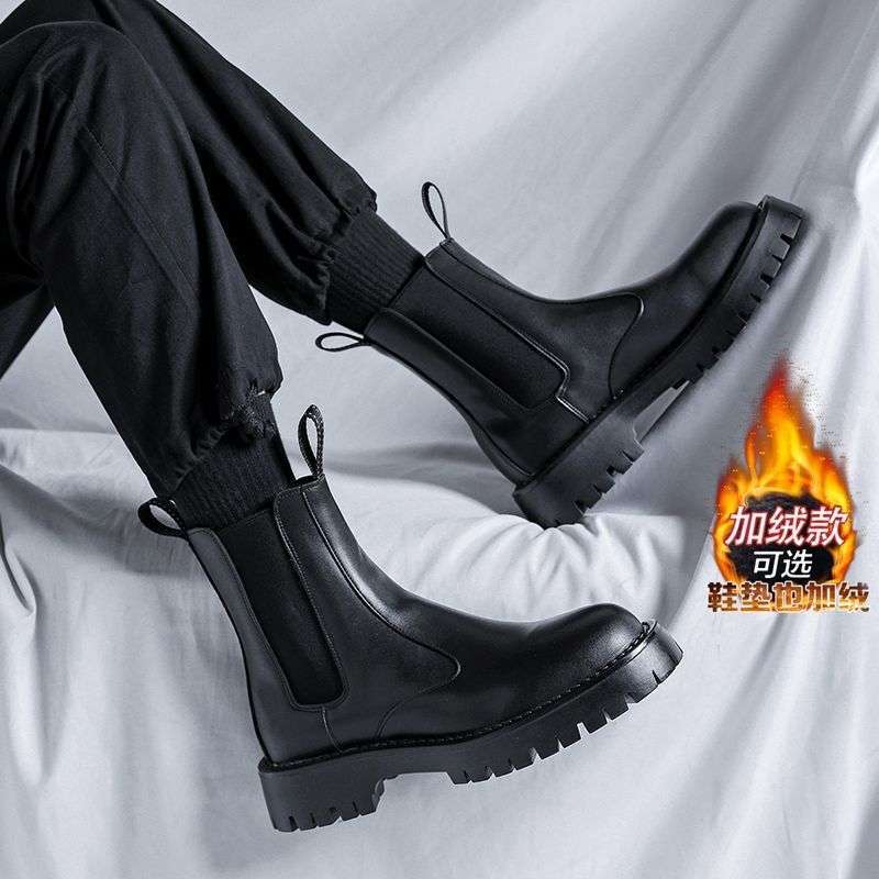 Chelsea Boots Herren Sommer Mid Boots Herren Schwarz High-Top Schuhe Britische Baumwollschuhe Aufgeraut Verdickt Martin Boots