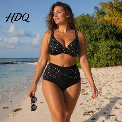 Eingebaute Stütze Badebekleidung 2er-Set Übergröße Bikini-Set Kreuzbrust V-Ausschnitt BH mit Eingebauter Stütze Punktmuster Set High-Waist Verdrehte Bikinihose,