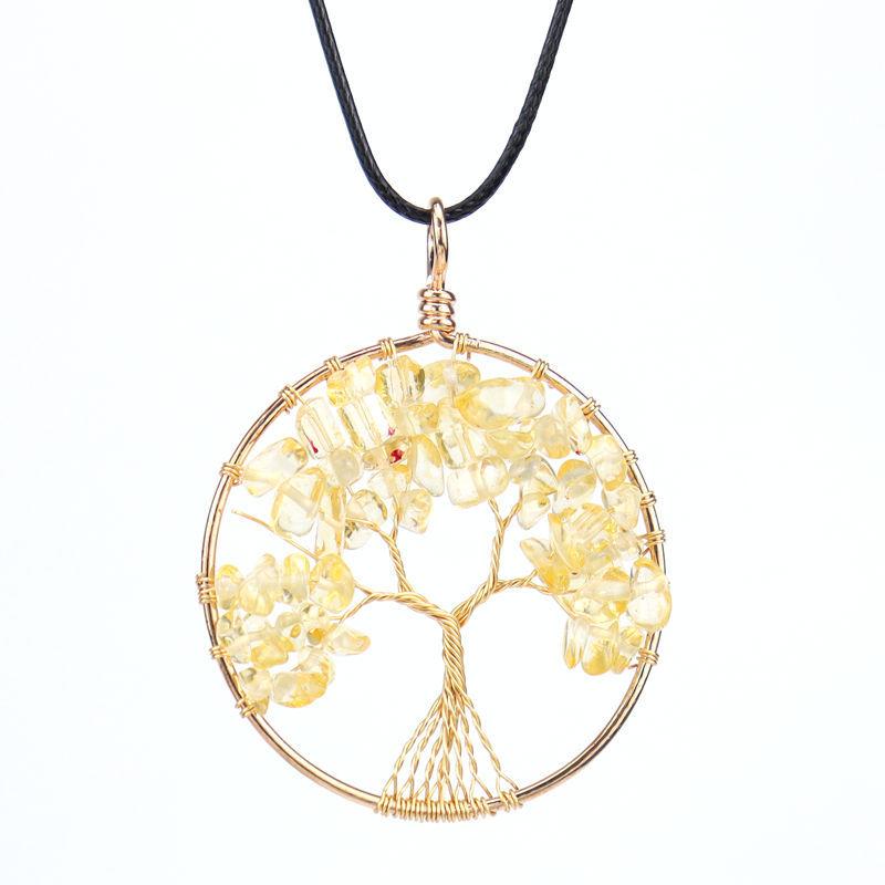 Color-Preserving Gold Hand-Wrapped Natural Crystal Gravel Tree Of Life Necklace Fortune Tree Necklace N47