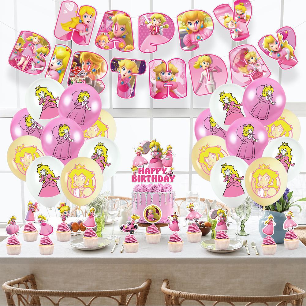 32pcs Princess Peach Party Supplies Includes Banner Cake Topper Balloon for Kind