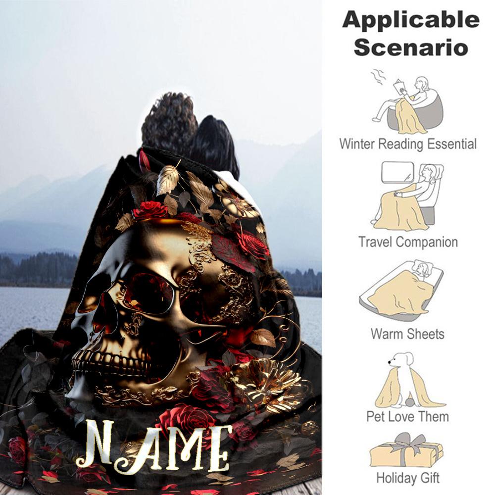 Golden Skull Rose Personalized Name Blanket Cozy Personalized Blanket Soft Warm Cozy Great for Office Nap Sofa Picnics for All Occasions