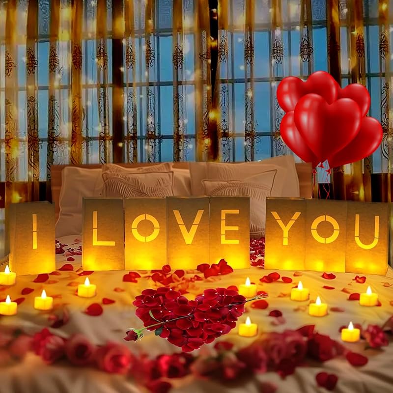 Happy Birthday Decoration for Men Women, Light Up Letters Luminary Bags with 30PC Bright LED Candles and 2000PC Fake Rose Petals, Surprise Birthday I Love You