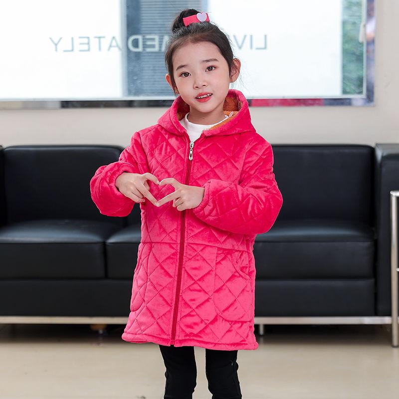 

Комбинезон для девочек плюс утолщенная бархатная куртка средней длины с капюшоном, модная и теплая 100