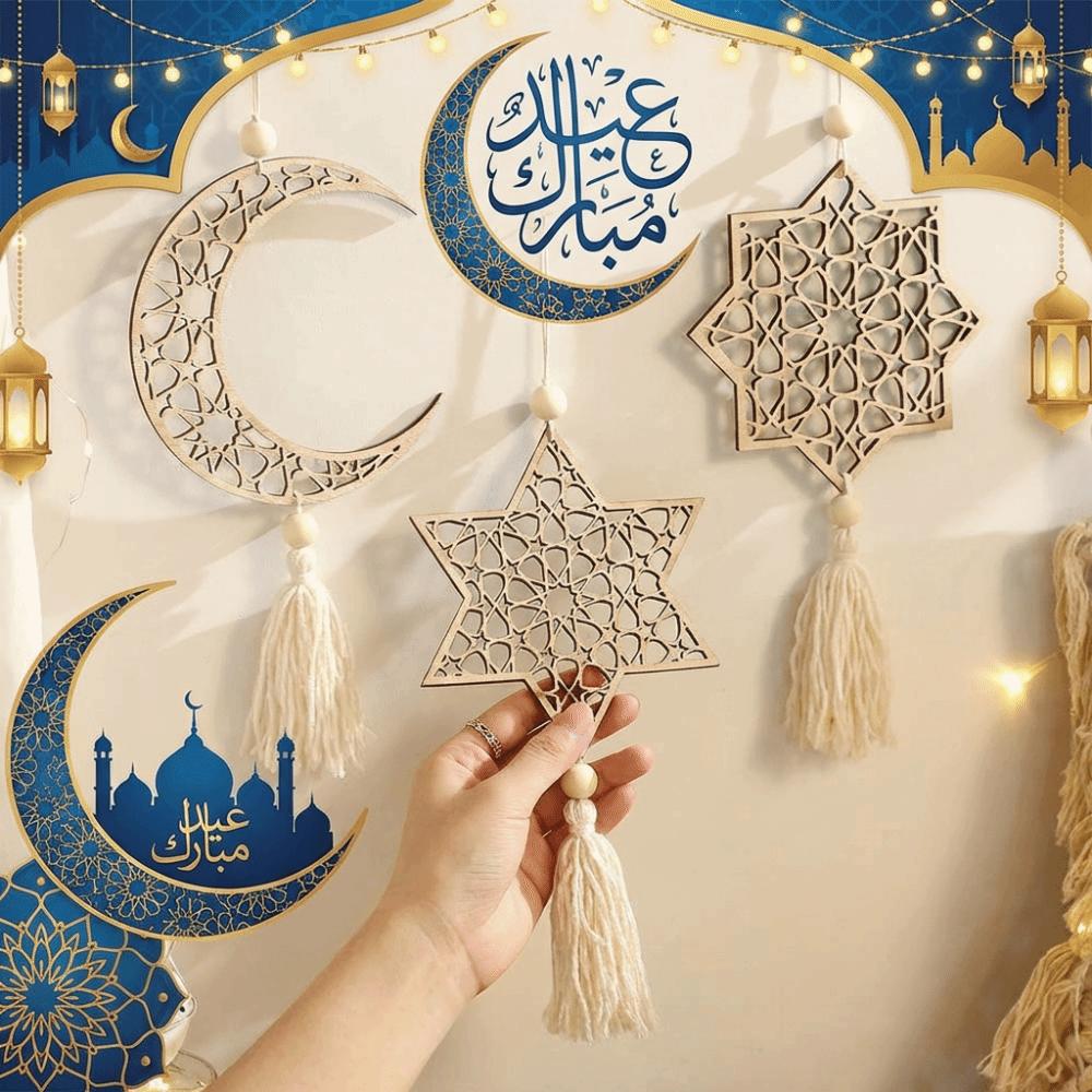 Handmade Moon Star Hollow Mesh Wall Decor Wooden Handicraft Pendant  Ramadan Celebration