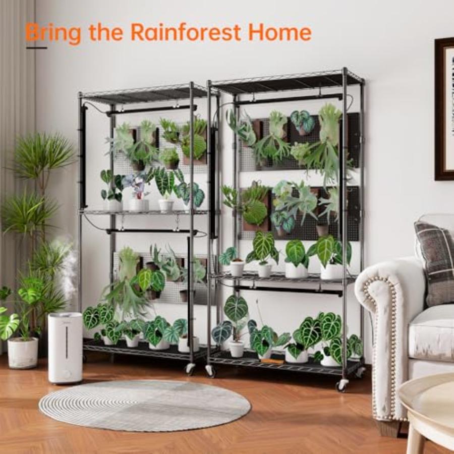 3 Tier Plant Cabinet with Pegboard and 4 Pack 96W Grow Lights for Indoor Foliage Plants Seed Starting Metal Plant Stand 29.5x13