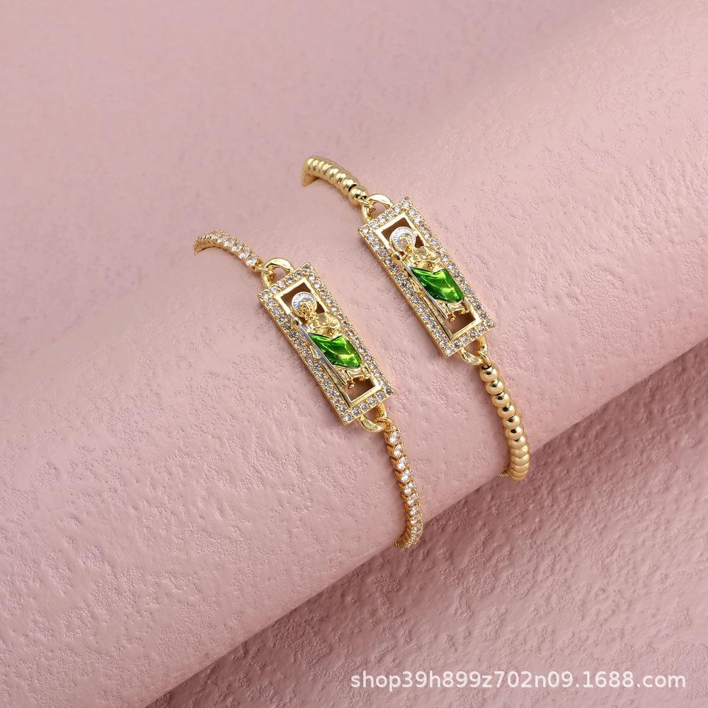 Регулируемый посеребренный медный браслет с зеленой фигуркой Святого Иуды Zircon Bracelet