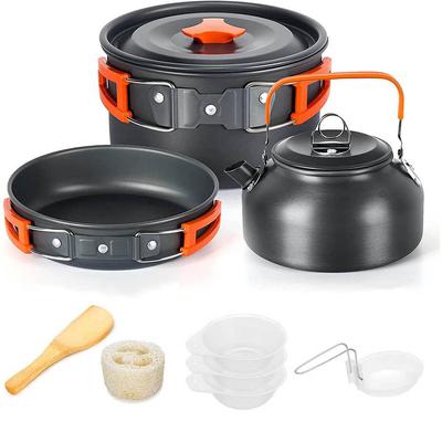 Set di pentole da campeggio in alluminio per esterni con borsa a rete, set di pentole pieghevole, cucina da campeggio, teiera e padelle, attrezzatura