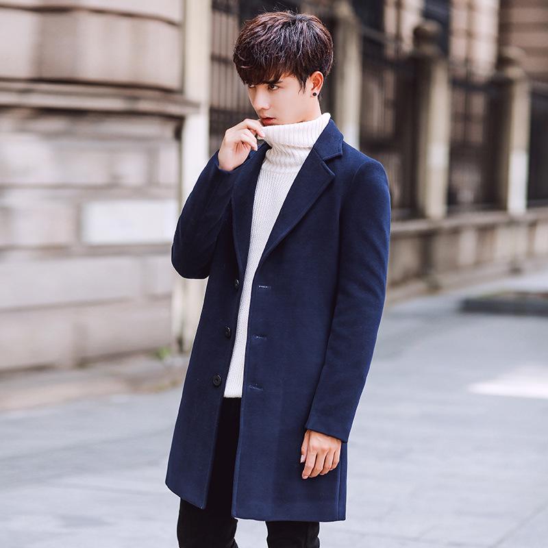 

Шерстяное пальто мужское корейской версии приталенный тренчкот средней и длинной длины мужское шерстяное пальто M тёмно-синий