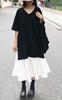 Plus Size Mixed Material Short Sleeve Dress [Gold Japan] Women's Dress, Dress, Dress, Knee-Length (JP, Alphabet, 3L, 4L, Black)