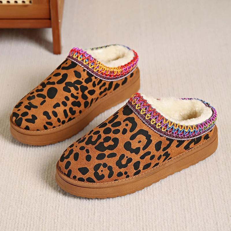 Fashion Leopard Print Thick Bottom Snow Boots Women Warm Thicken Plush Cotton Shoes Woman 2024 Winter Flat Heels Platform Ankle Boots