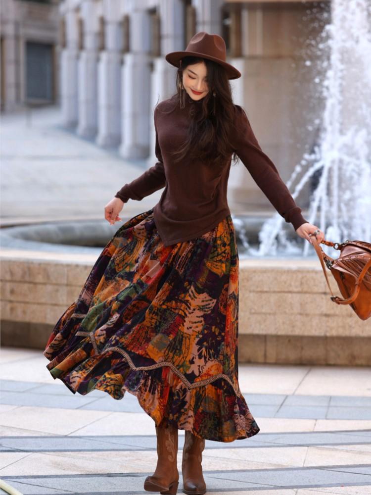 Johnature Oil Painting Printing Niche Design Skirt Woman Spring New Vintage Splicing Personality Skirt