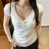 Vintage Solid Color T Shirt Kawaii V Neck Pullovers Tee Shirt Women Y2K Aesthetic White Button Short Sleeve  Summer