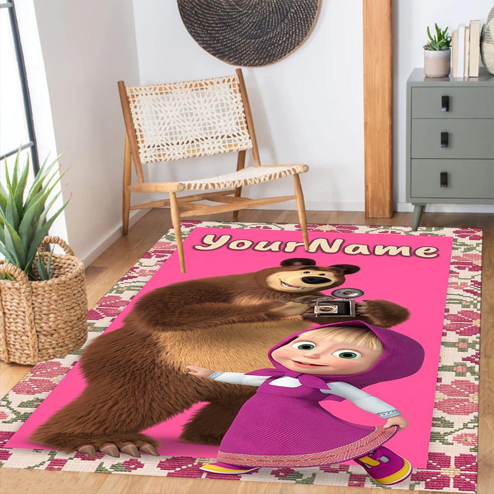 Masha Bear Customized Name Floor Rug Office Rug Perfect for Decorate Room Foyer Playrooms Dormitory Anti-slip Rug Decorate Offices