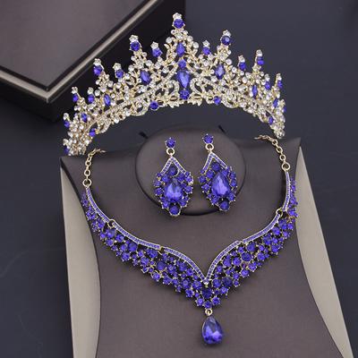 Wunderschöne blaue Kristall-Hochzeits-Kronen-Halsketten-Sets für Frauen, Brautschmuck-Sets, Ohrringe, Abschlussball