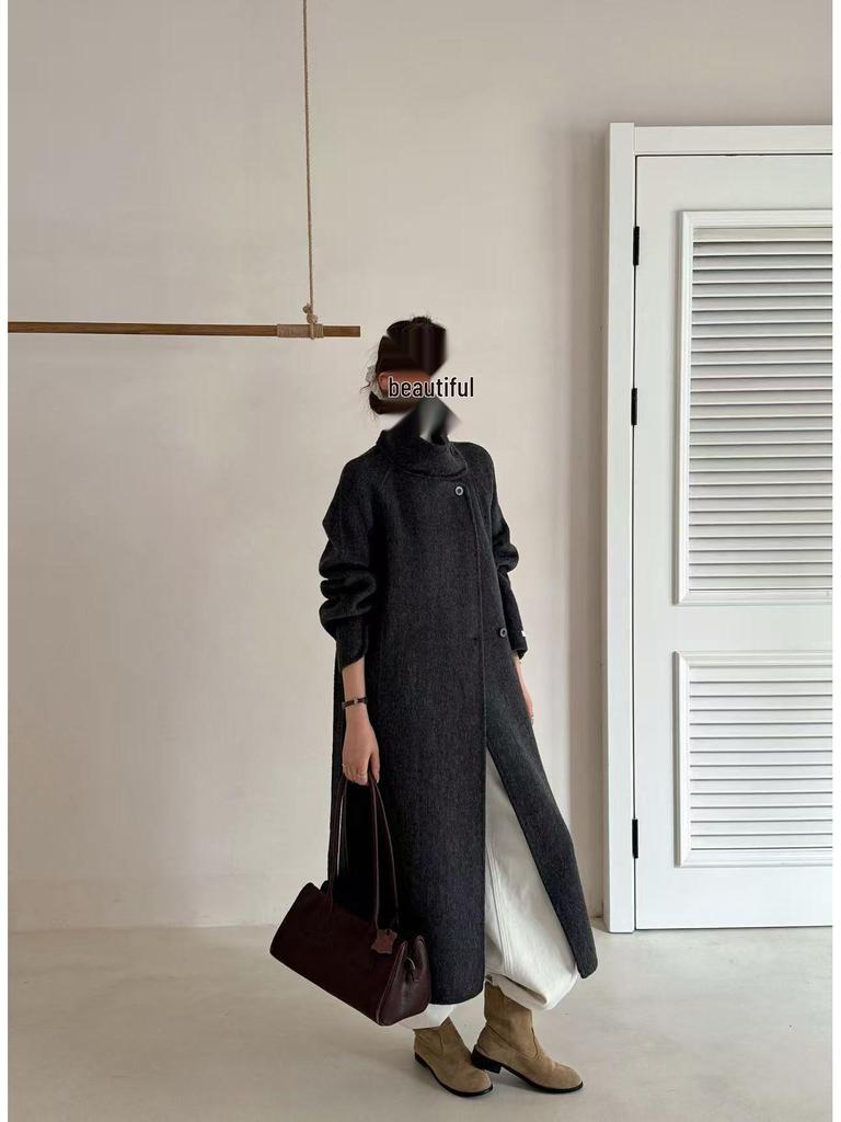 Dwustronny wełniany płaszcz damski w stylu Hepburn z kołnierzem stójką, jesień/zima, długi, z mieszanki wełny, ze sznurowaniem.