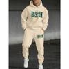 Men's Two Piece Casual Suit with Printed Drawstring Hoodie and Matching Drawstring Sweatpants, Suitable for Traveling