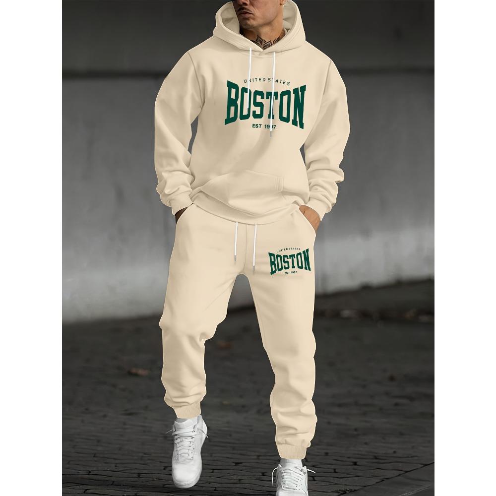 Men's Two Piece Casual Suit with Printed Drawstring Hoodie and Matching Drawstring Sweatpants, Suitable for Traveling