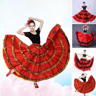 Women Maxi Skirt Elastic Waist Stitching Layered Cake Skirt Color-Blocked Red Black