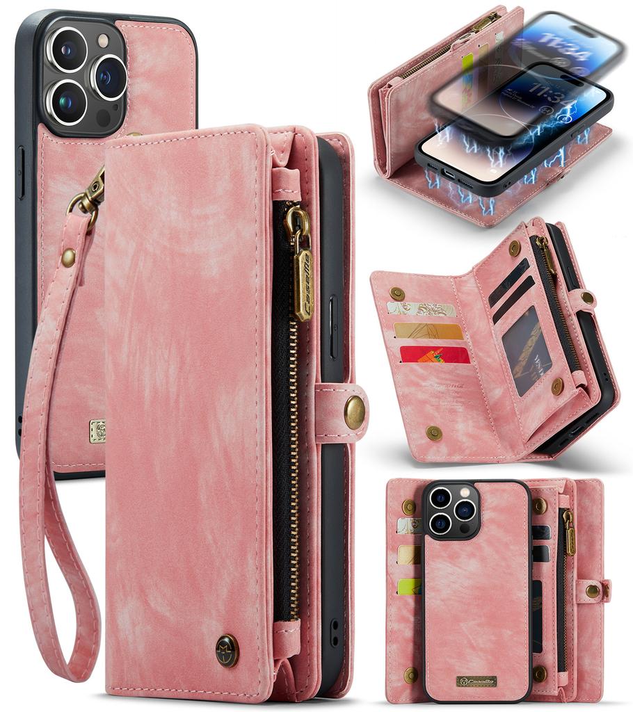 For iPhone 14 Pro Max Wallet Case with Strap Zipper Wallet Card Slots & Detachable Magnetic PU Leather Case Wallet for Women/Men