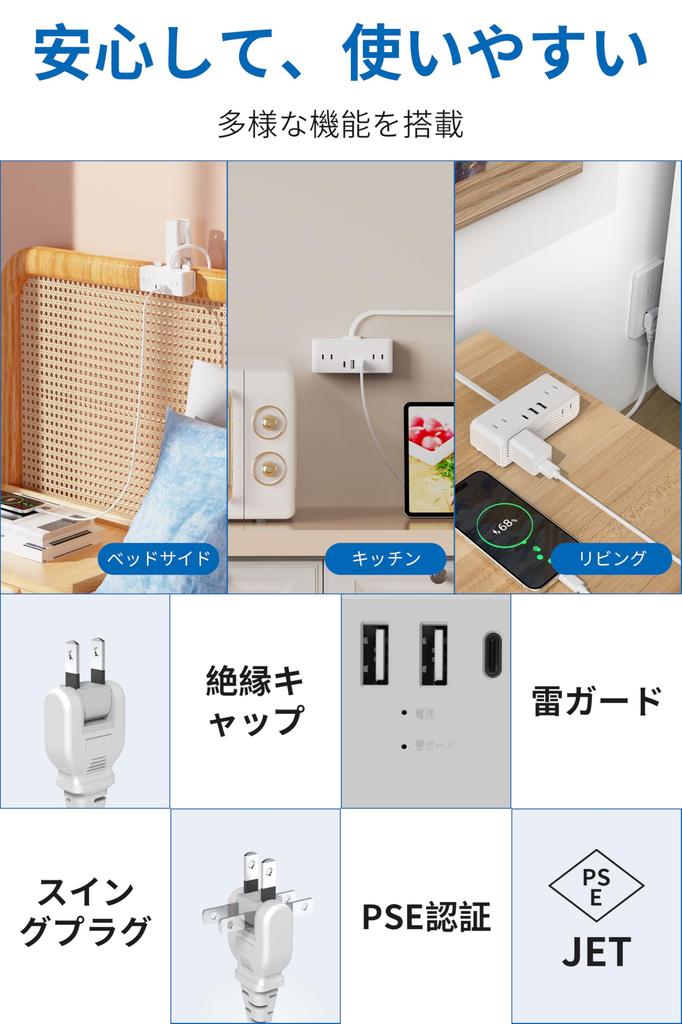 Mscien 2m Power Strip Clip Extension Cord with USB, 1 USB-C, 2 USB-A, and 6 AC Outlets, Clip-on USB Outlet, Tabletop Tap, Octopus-leg Outlet, Branchin