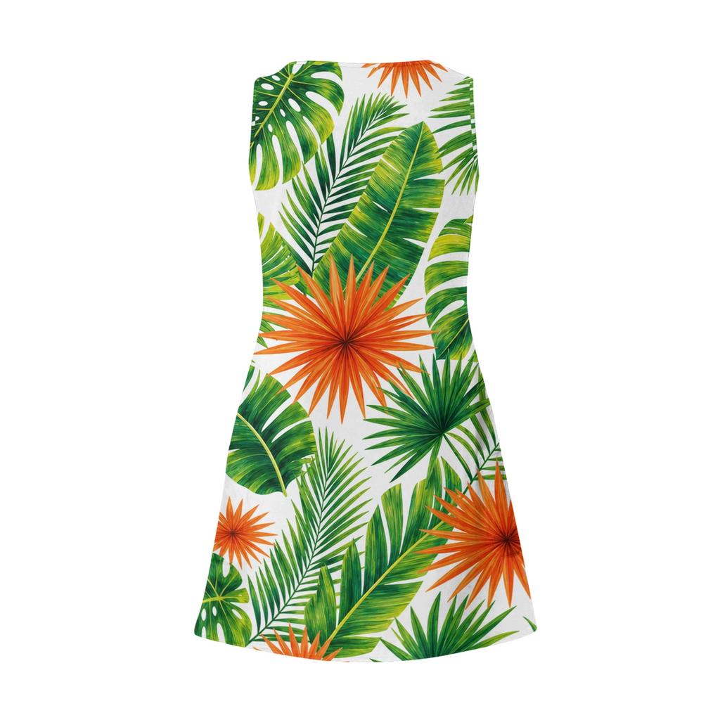 Damen V-Ausschnitt Ärmelloses Lässiges Kleid mit Hawaiianischem Print und Taschen Sommerurlaub Lockerer Schnitt Strand-Sonnenkleid