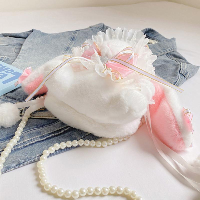 New Cute Bunny Plush Bag Lolita Element Shoulder Bag Kawaii Princess Sweet Pearl Chain Crossbody Bags Long-Eared Rabbit Purse