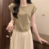 Women's 2025 Summer Straight Shoulder Slimming Fly Sleeve T-Shirt with Ruched Waist